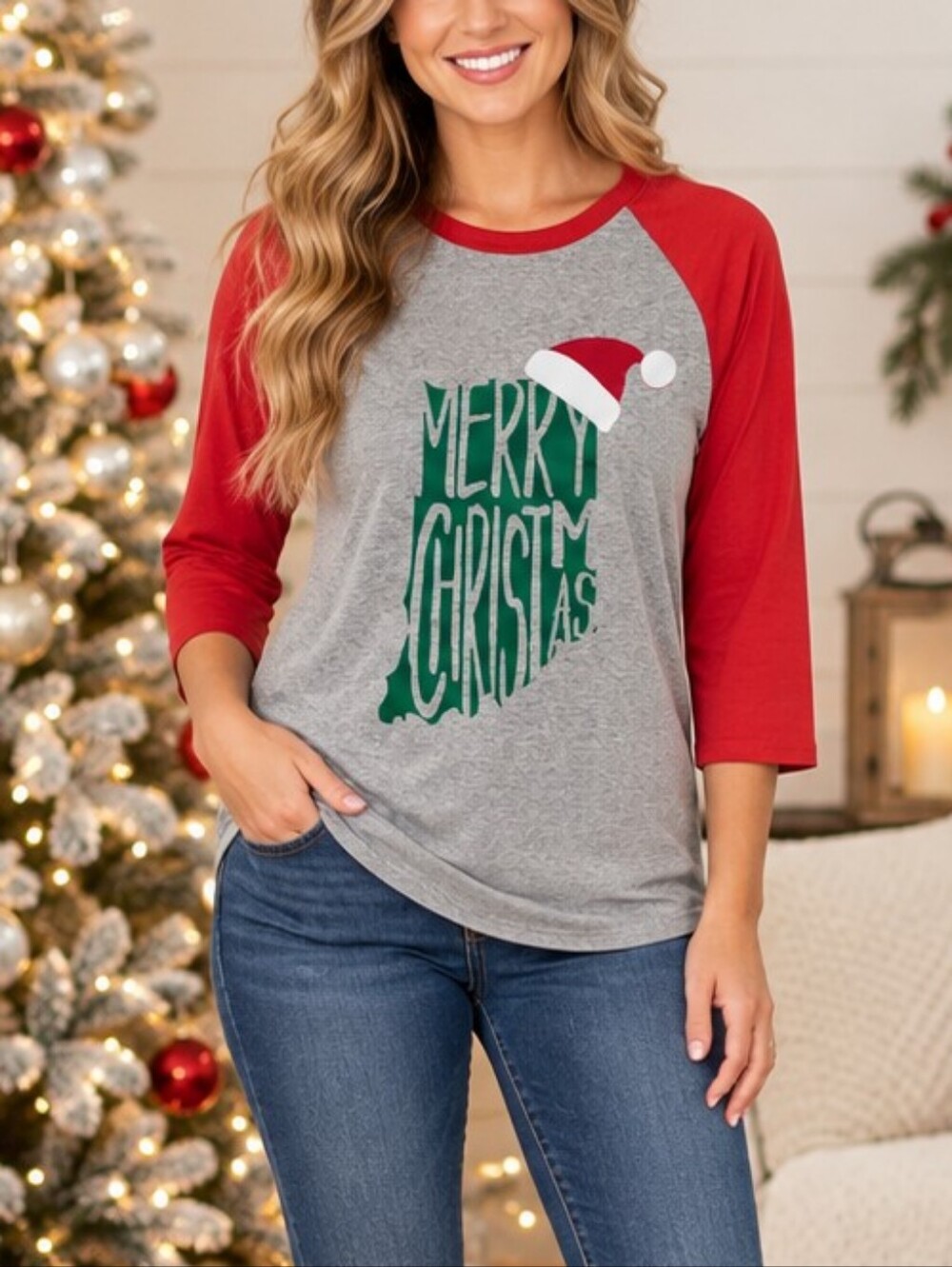 Gildan Red Sleeve Grey Raglan 'Merry Christmas' Graphic Top Size Small